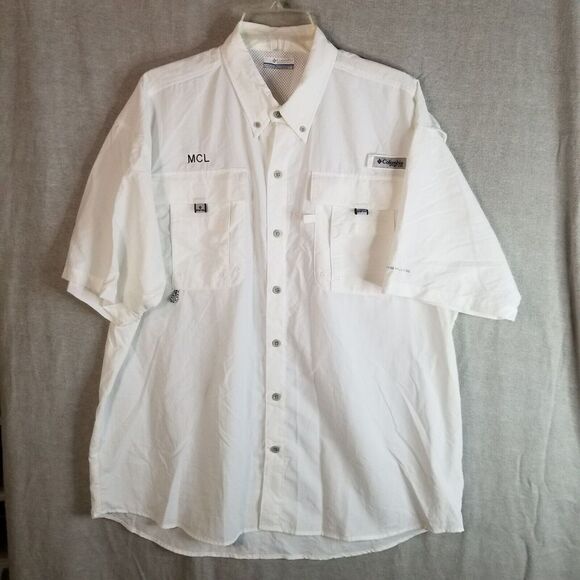 Columbia Fishing Shirt Men's Large PFG Ivory Nylon Short‎ Sleeve Button Down - Picture 1 of 14